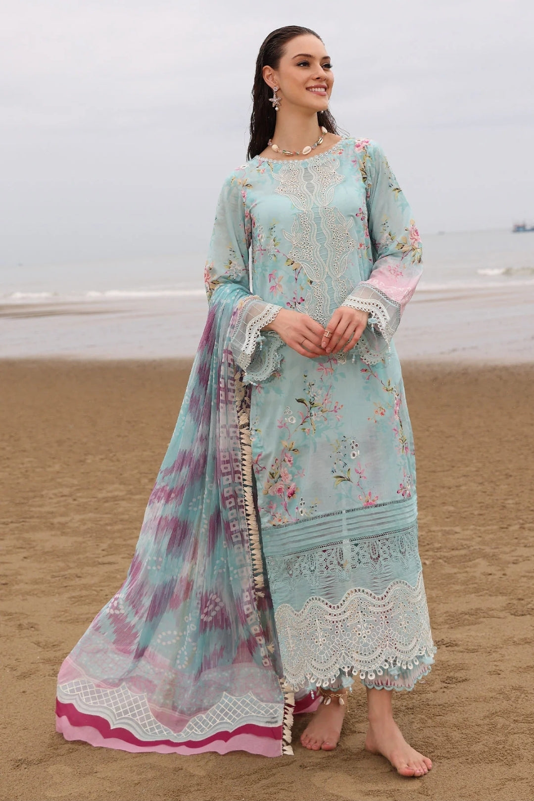 Nureh Verdant Grace: Embroidered Printed Suit with Ombre Chiffon Dupatta