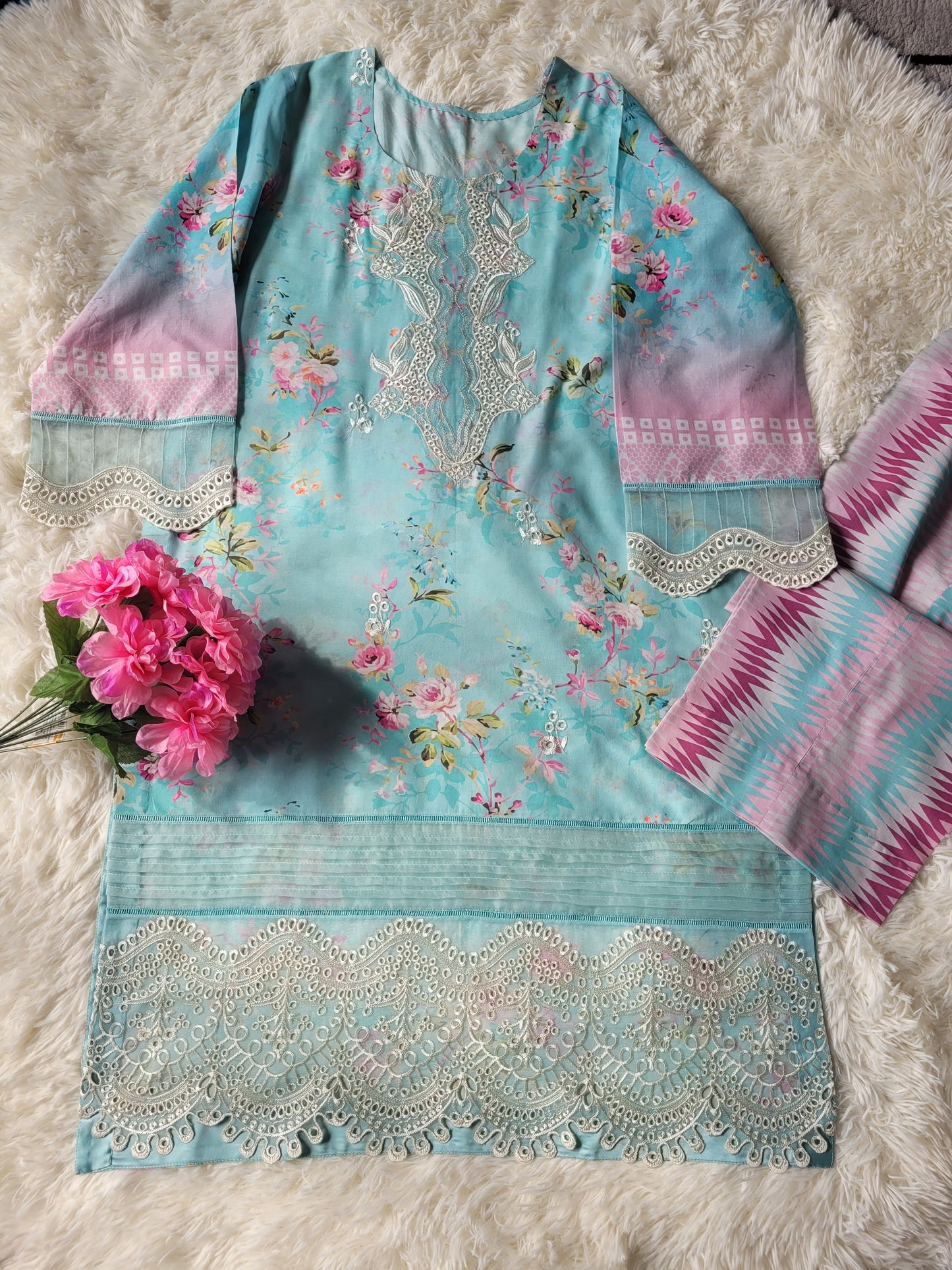 Nureh Verdant Grace: Embroidered Printed Suit with Ombre Chiffon Dupatta
