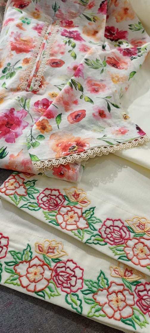 Ivory Bloom: Printed 2-Piece Suit with Floral Embroidery