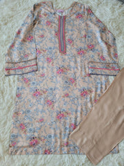 Printed Linen Suit - Peach Floral Kurta with Solid Trousers