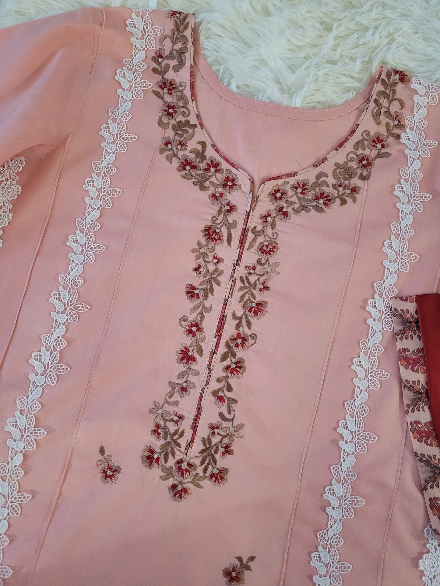 Peach Blossom Embroidered Cambric Suit with Tie-Dye Dupatta