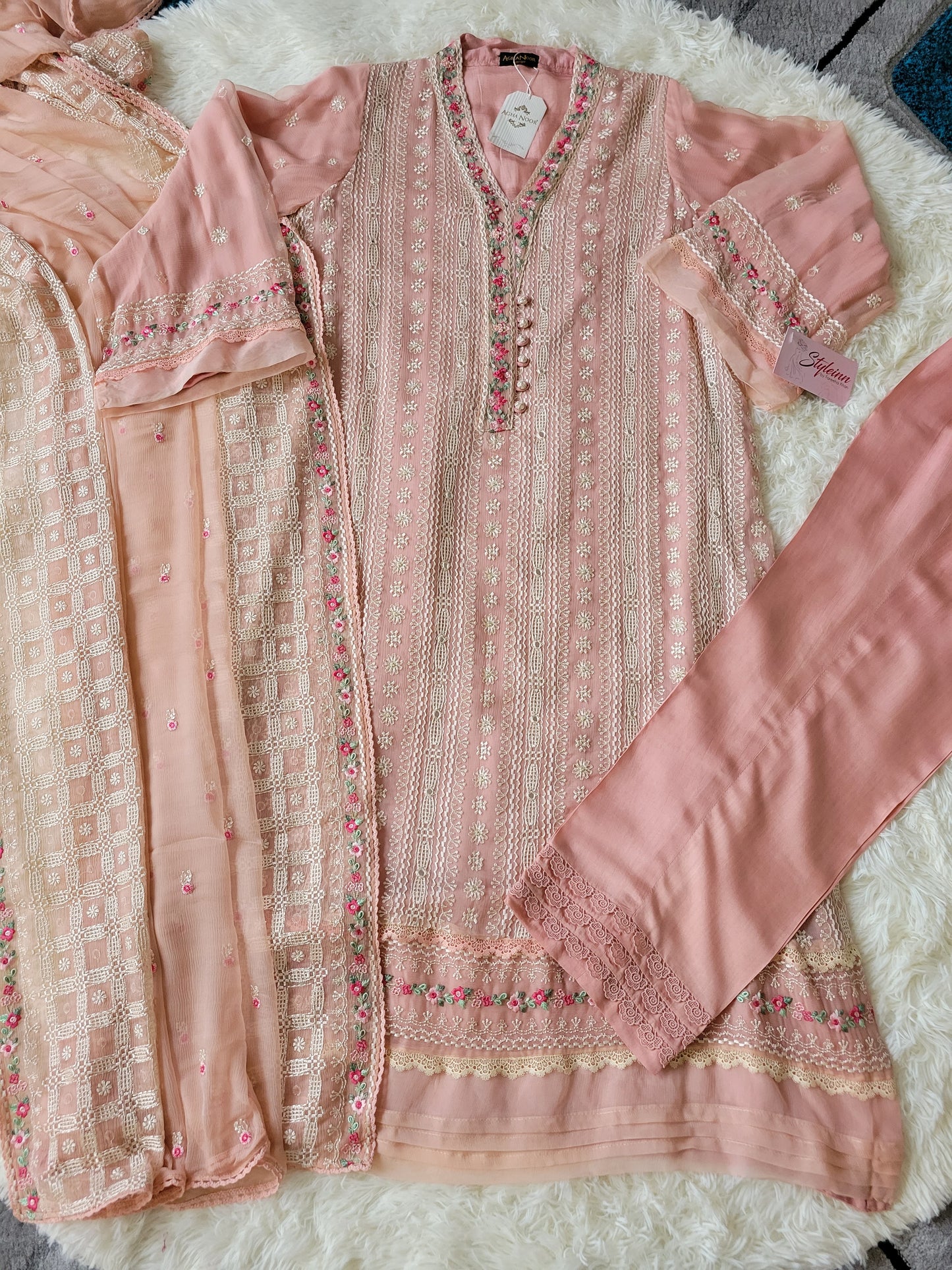 Blush Petals: Agha Noor Embroidered Peach Chiffon Dress