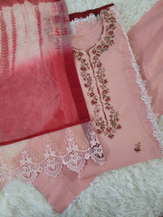 Peach Blossom Embroidered Cambric Suit with Tie-Dye Dupatta