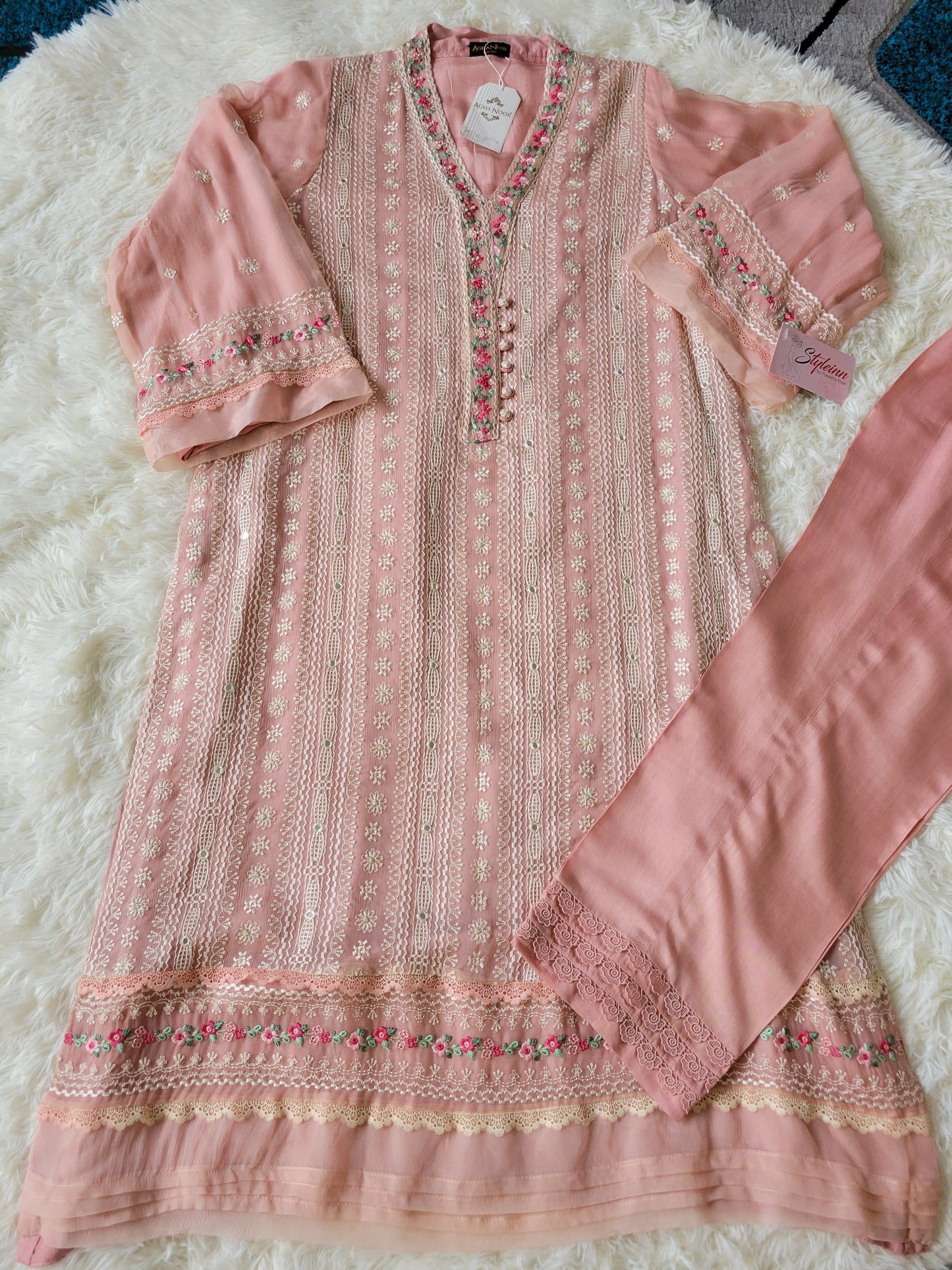Blush Petals: Agha Noor Embroidered Peach Chiffon Dress