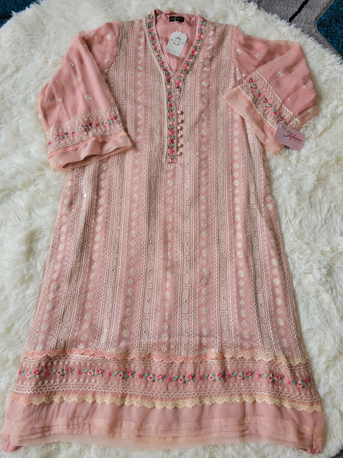 Blush Petals: Agha Noor Embroidered Peach Chiffon Dress