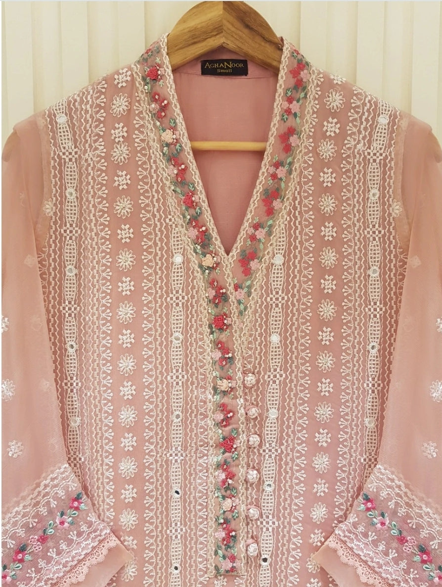 Blush Petals: Agha Noor Embroidered Peach Chiffon Dress
