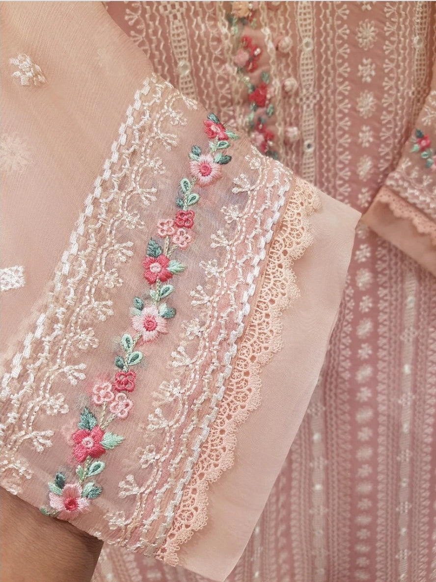 Blush Petals: Agha Noor Embroidered Peach Chiffon Dress