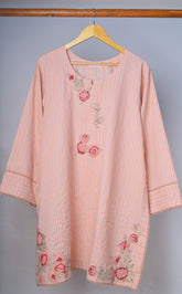 Embroidered Peach Stripe Lawn/cotton Kurta with Floral Embroidery