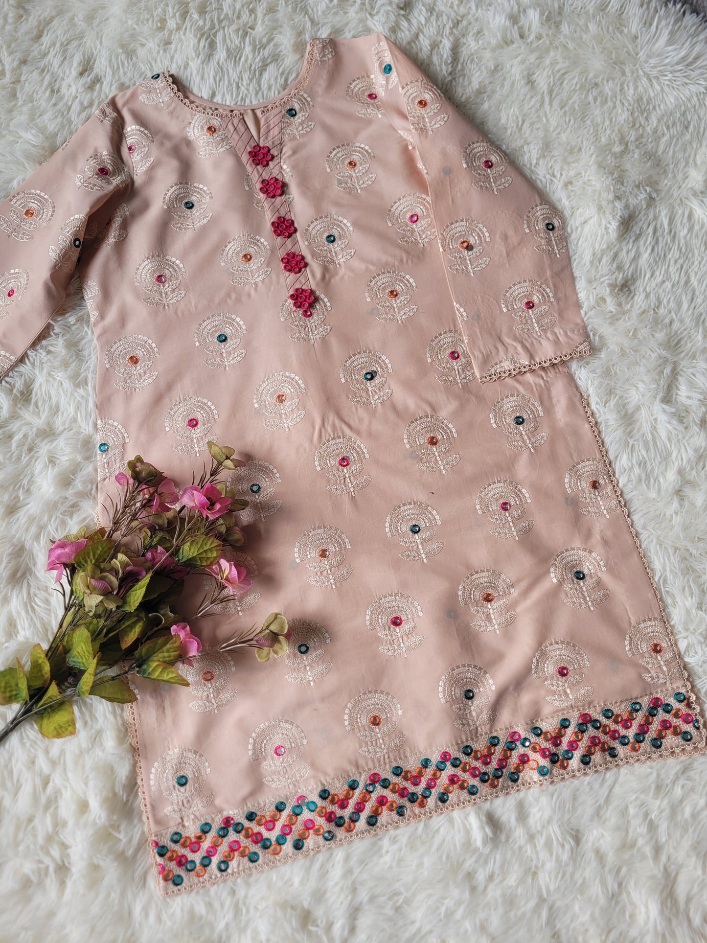 Peach Blossom Glow: Foil Work Suit with Ombre Dupatta