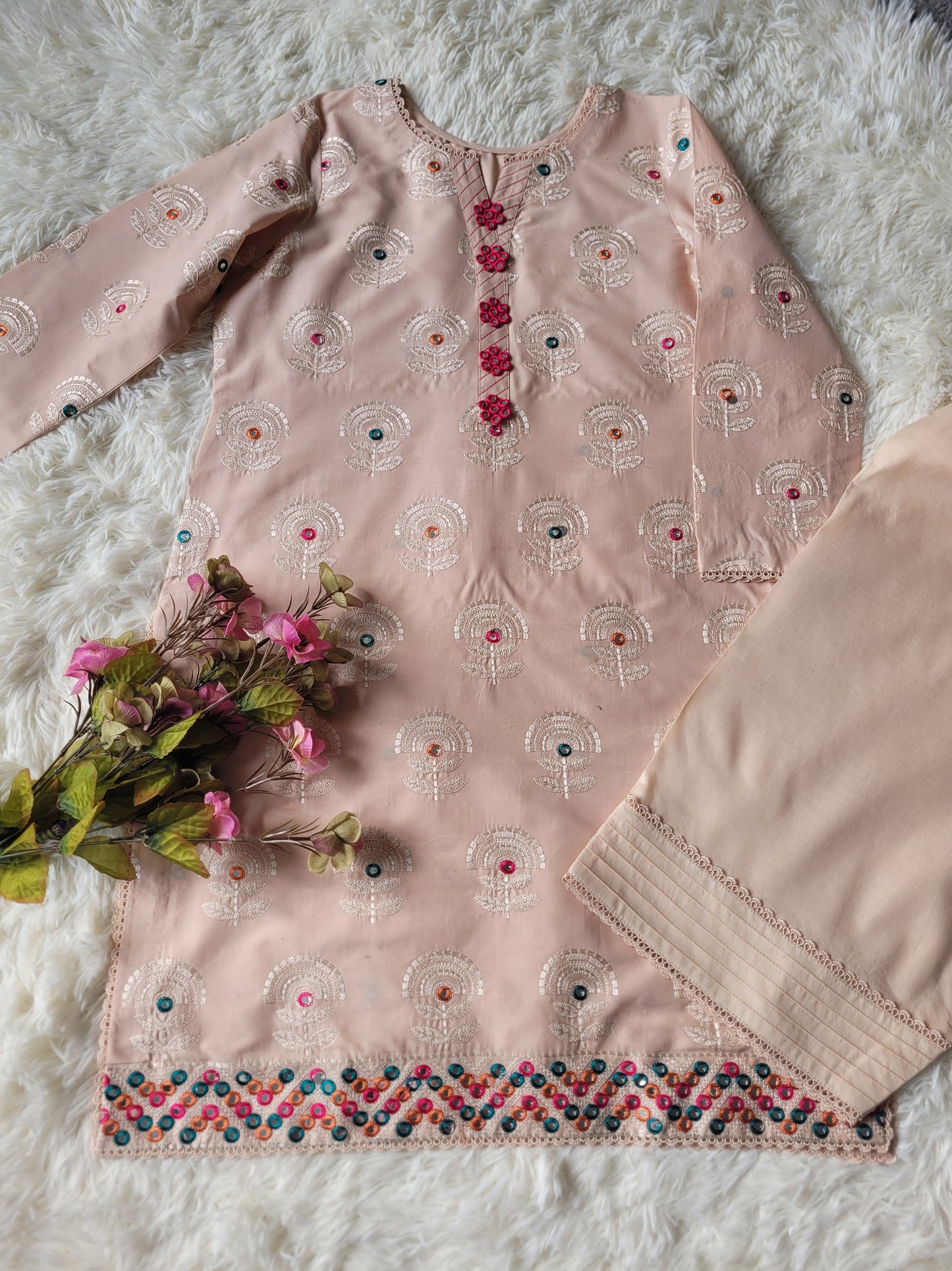 Peach Blossom Glow: Foil Work Suit with Ombre Dupatta