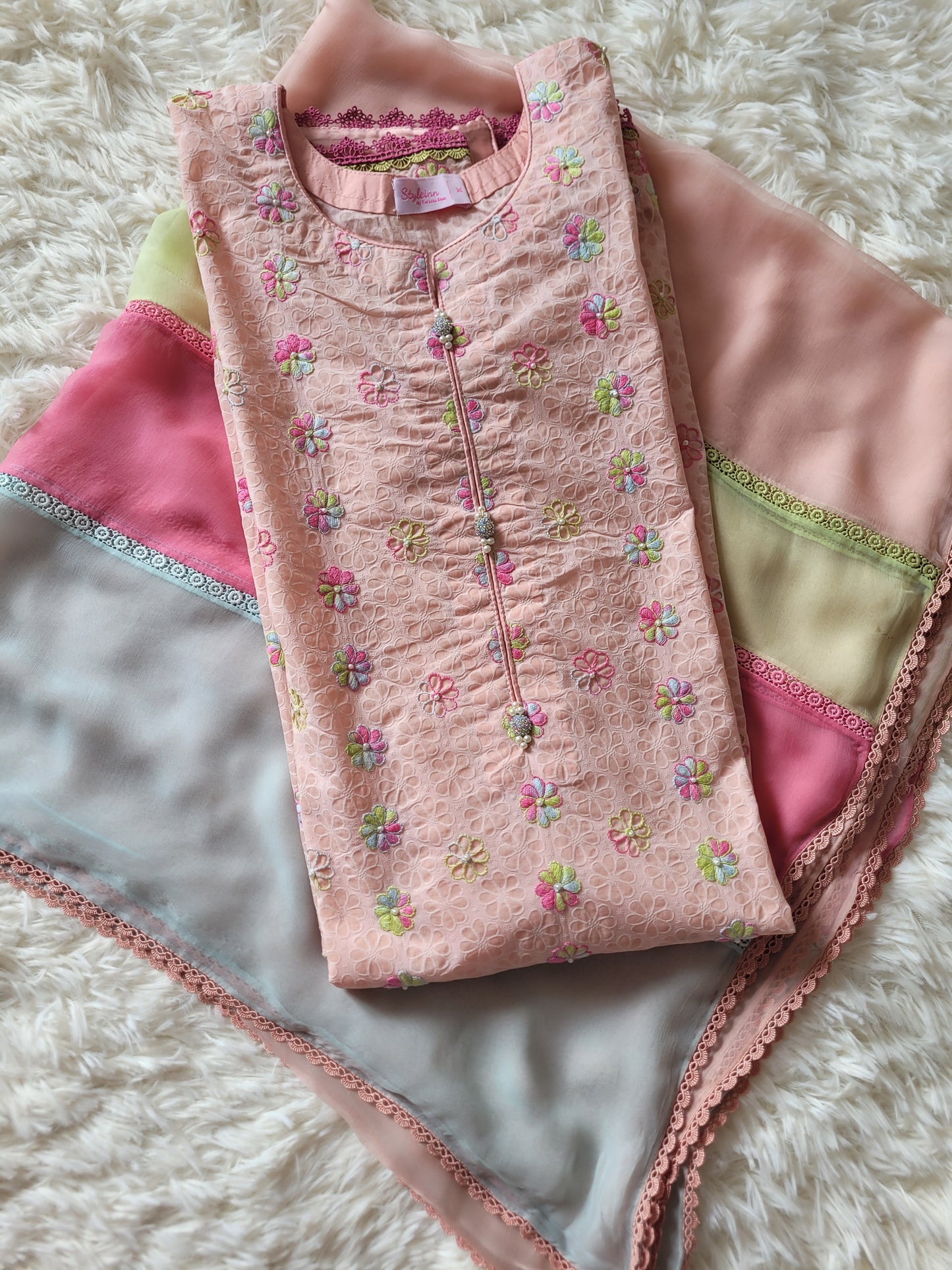 Peach Garden Bloom: Hand-Embroidered Suit with Multi-Hued Dupatta