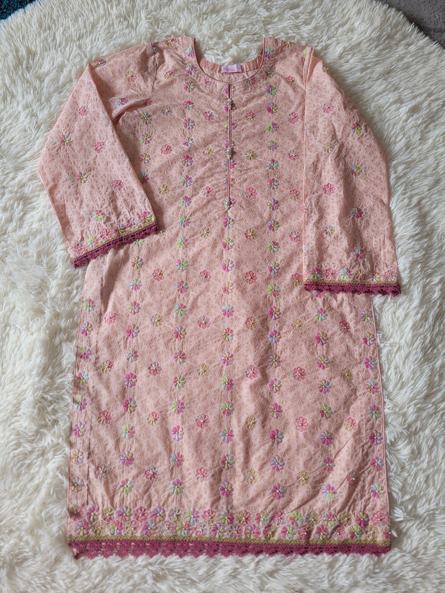 Peach Garden Bloom: Hand-Embroidered Suit with Multi-Hued Dupatta