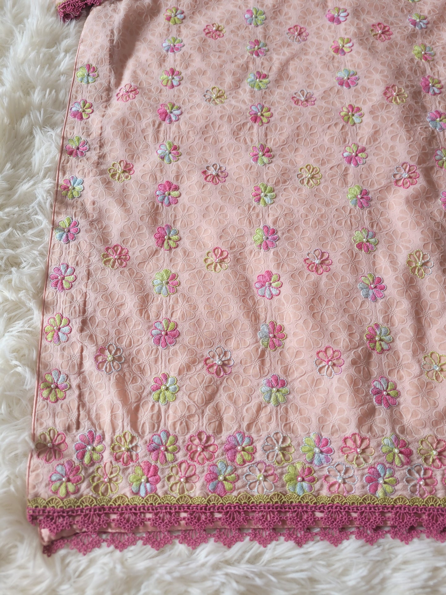 Peach Garden Bloom: Hand-Embroidered Suit with Multi-Hued Dupatta