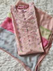 Peach Garden Bloom: Hand-Embroidered Suit with Multi-Hued Dupatta