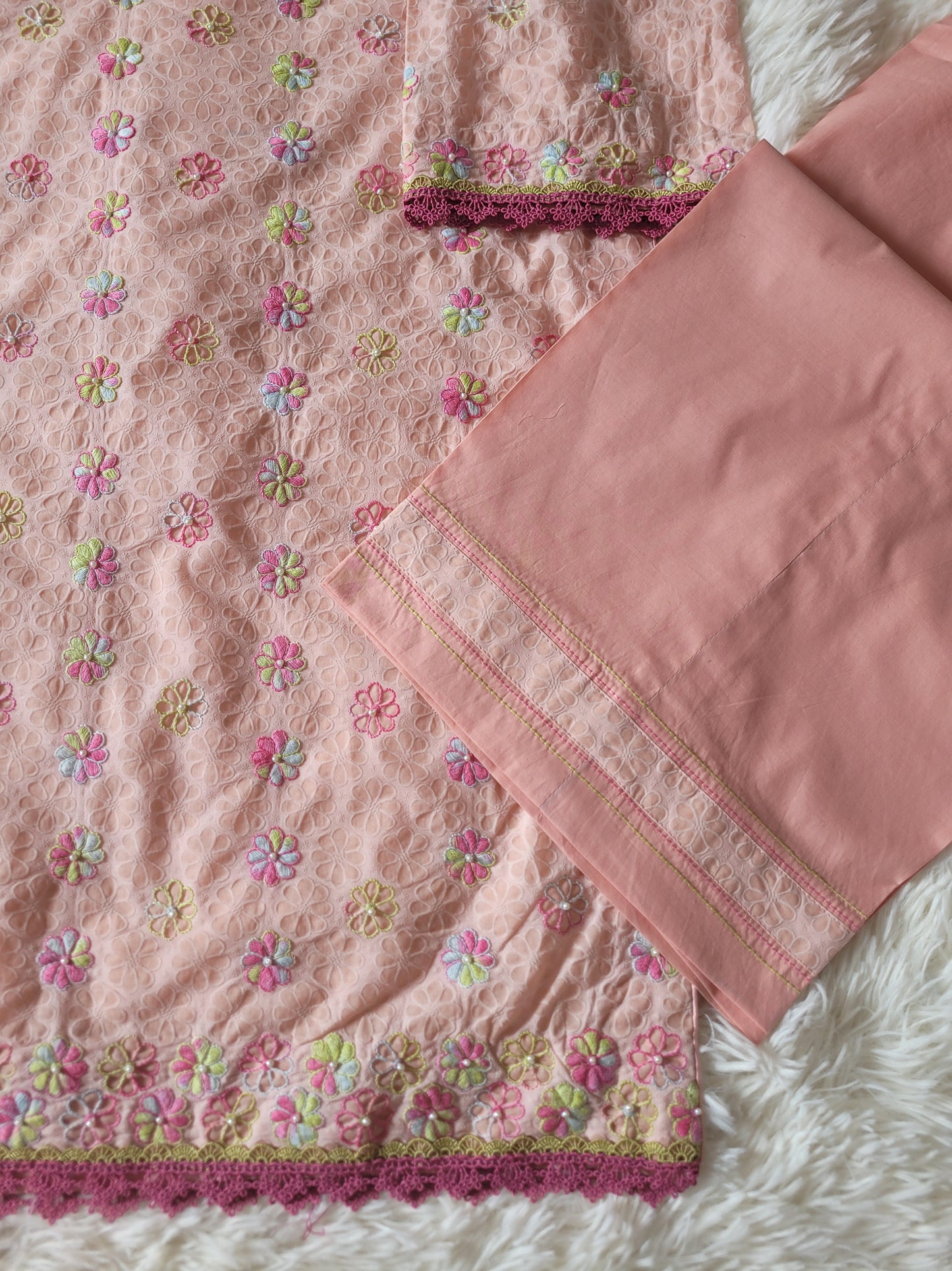 Peach Garden Bloom: Hand-Embroidered Suit with Multi-Hued Dupatta