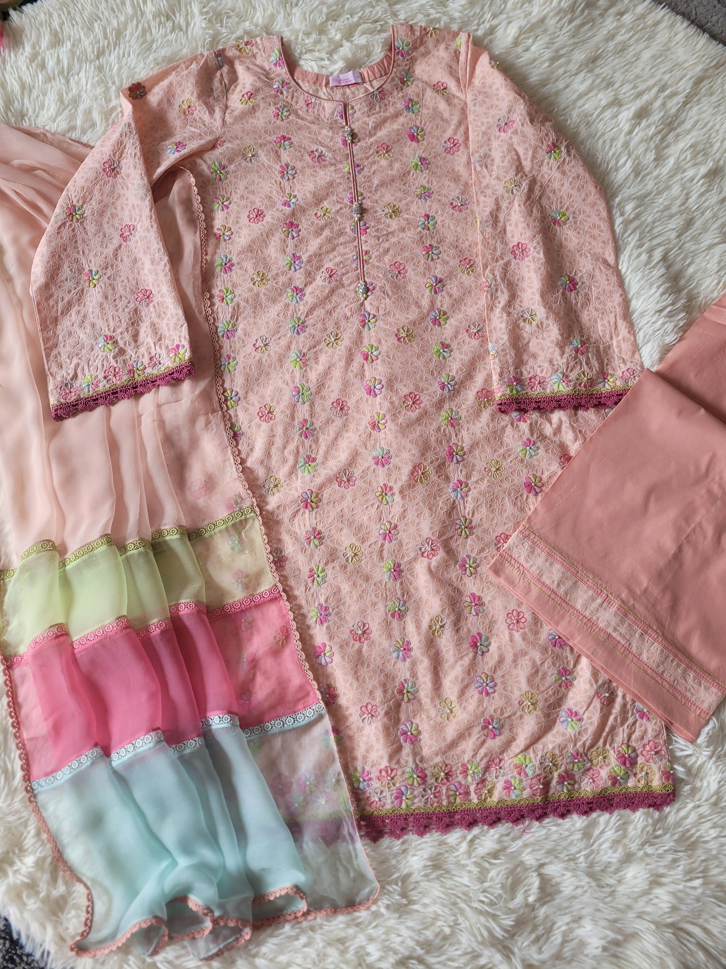 Peach Garden Bloom: Hand-Embroidered Suit with Multi-Hued Dupatta