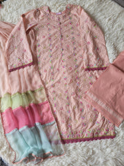 Peach Garden Bloom: Hand-Embroidered Suit with Multi-Hued Dupatta