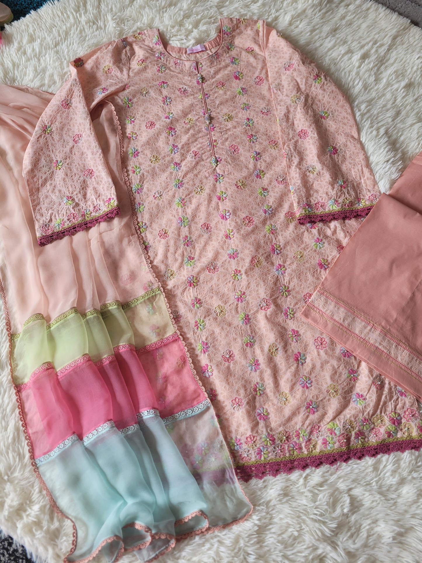 Peach Garden Bloom: Hand-Embroidered Suit with Multi-Hued Dupatta