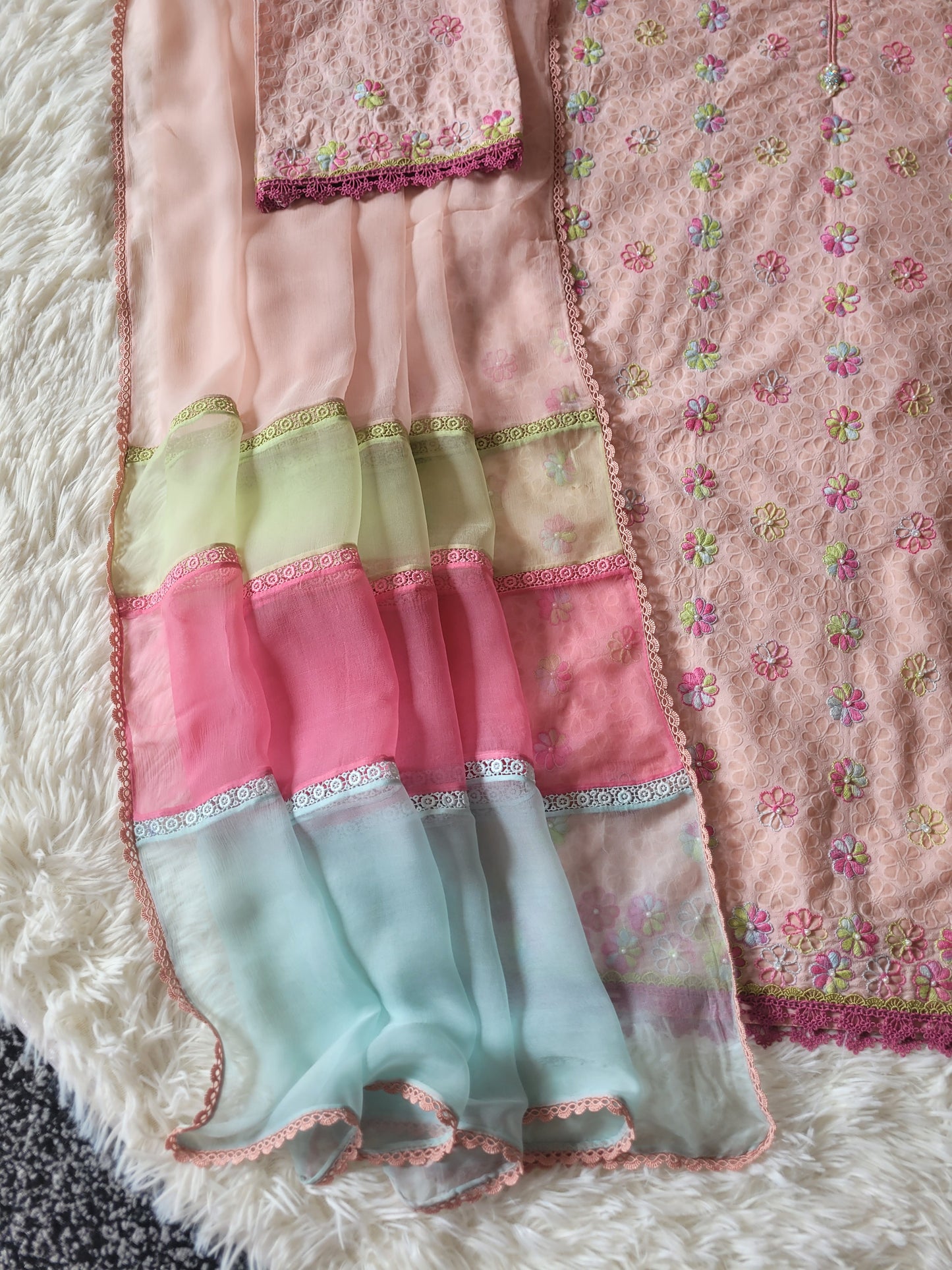 Peach Garden Bloom: Hand-Embroidered Suit with Multi-Hued Dupatta
