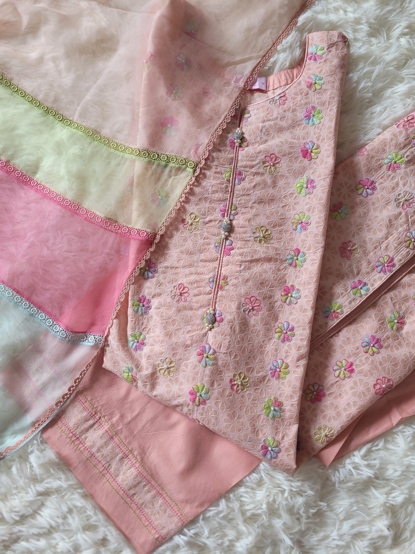 Peach Garden Bloom: Hand-Embroidered Suit with Multi-Hued Dupatta