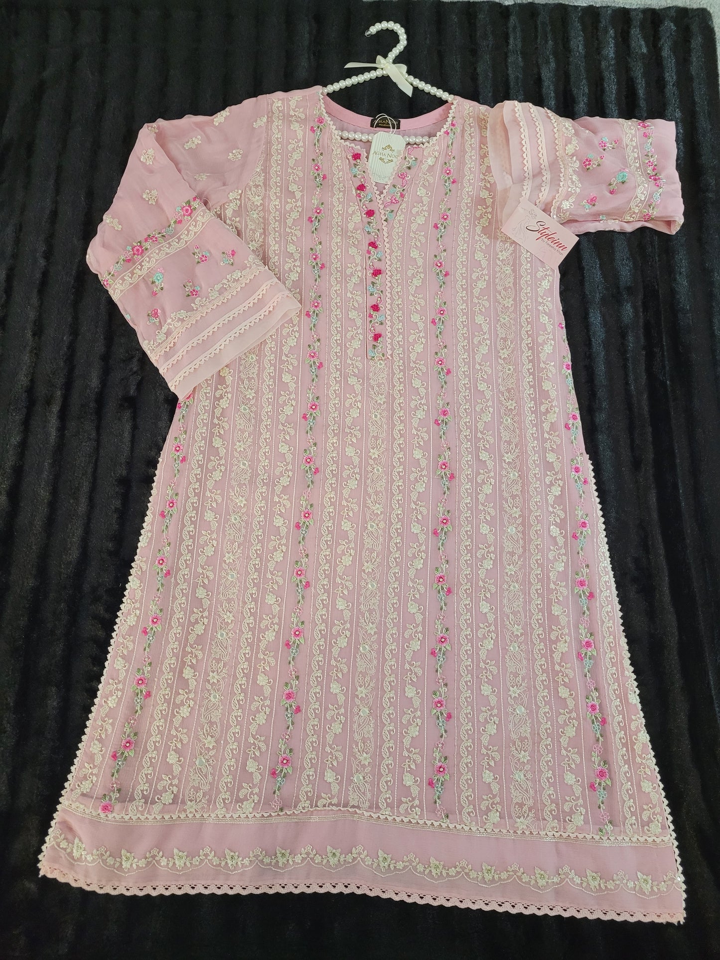 Agha Noor Rose Whisper: Embroidered Chiffon Ensemble with Viscose Trouser