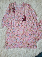 2 Pc Embroidered Pink Watercolor Floral Kurta with Trousers