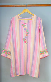 Embroidered Lawn Kurta Multi-Color Stripe with Floral Applique