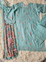 Qalamkar Ferozi Whisper: Printed Suit with Delicate Lace and Floral Dupatta