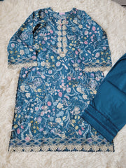 Qalamkar Teal Dream: Floral Lawn Three-Piece Suit