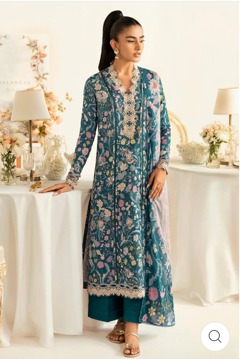 Qalamkar Teal Dream: Floral Lawn Three-Piece Suit