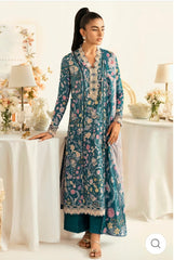 Qalamkar Teal Dream: Floral Lawn Three-Piece Suit