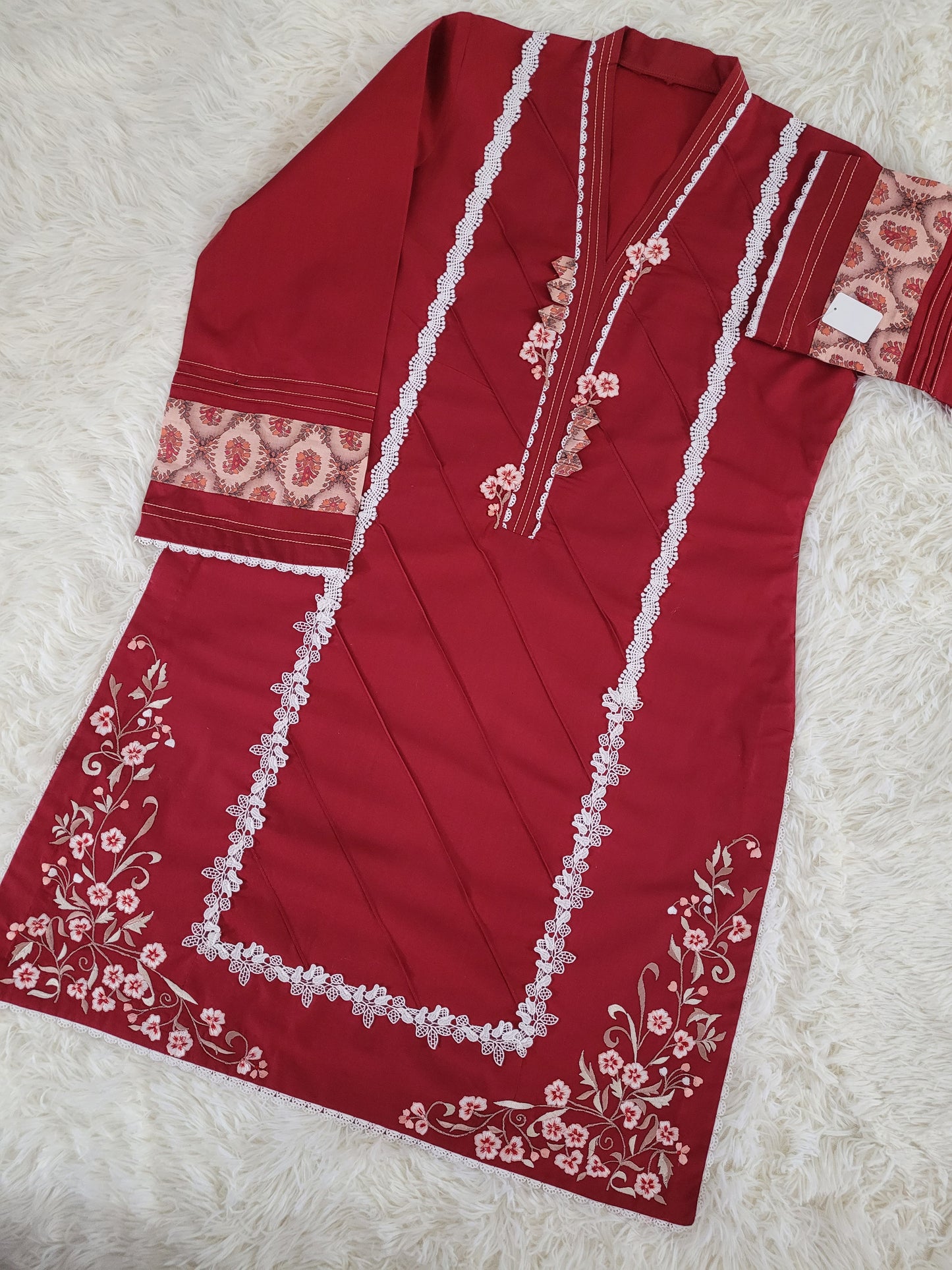 Ruby Reverie: Embroidered Cambric Suit with Ombre Dupatta