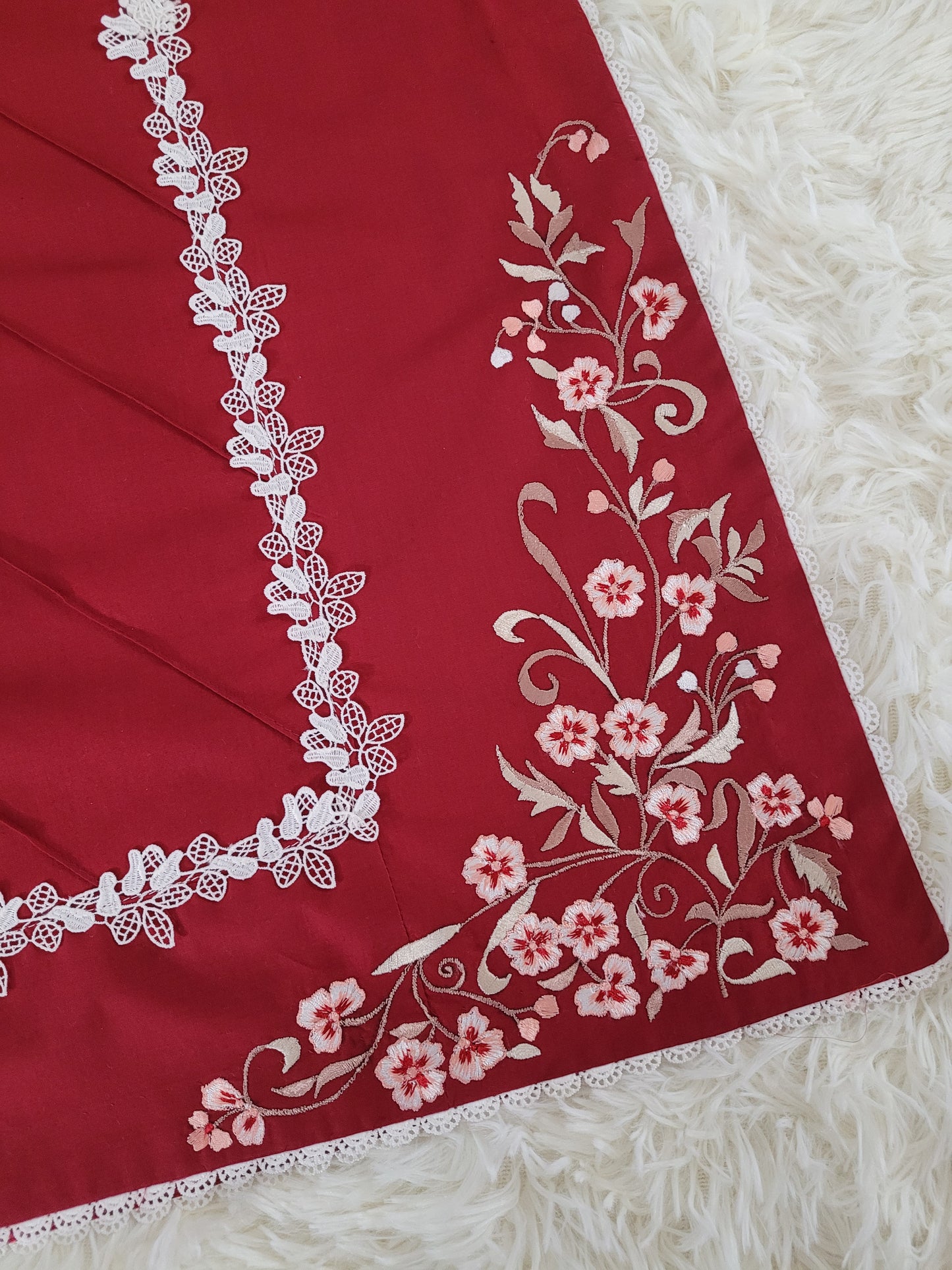 Ruby Reverie: Embroidered Cambric Suit with Ombre Dupatta