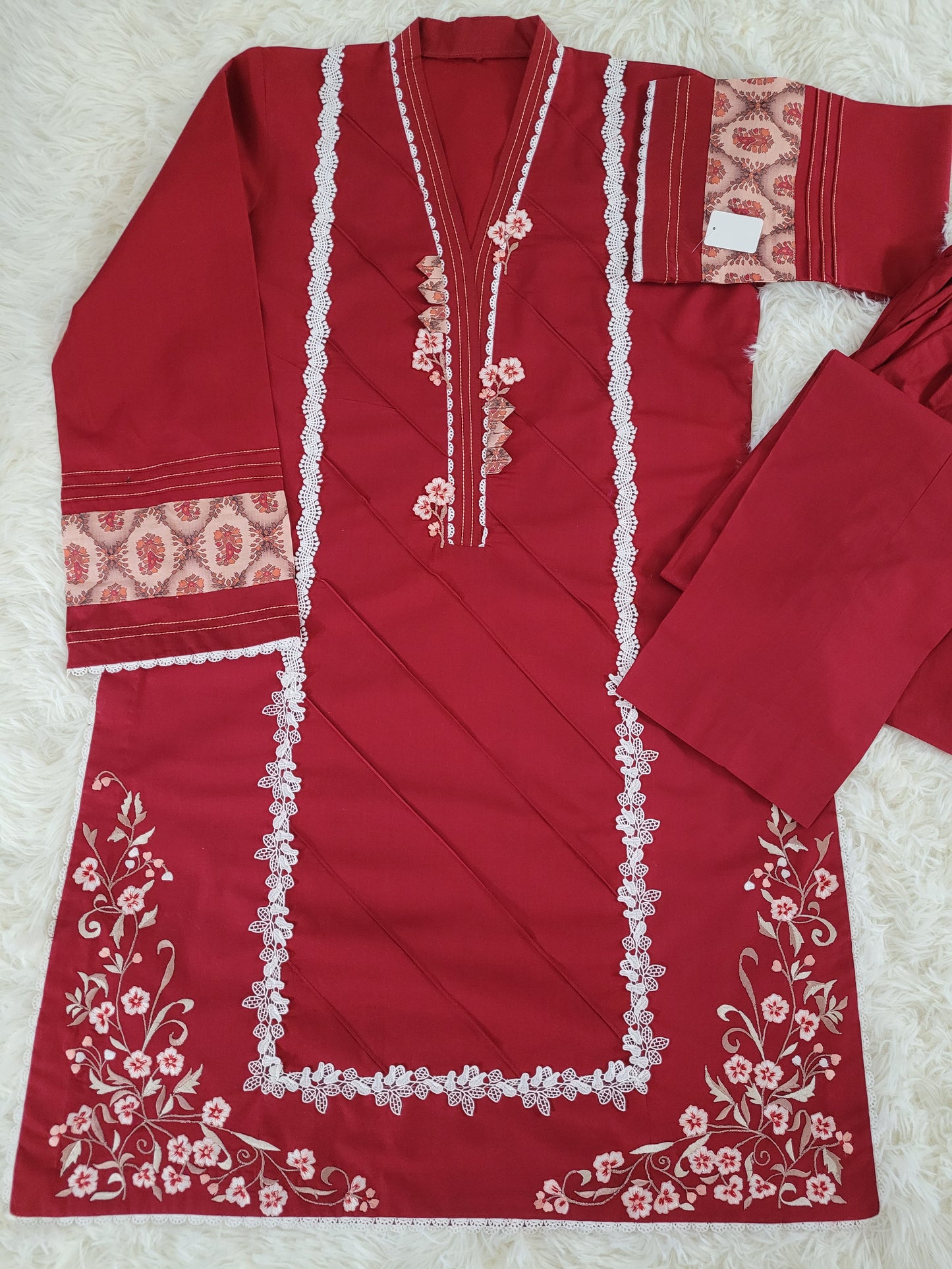 Ruby Reverie: Embroidered Cambric Suit with Ombre Dupatta