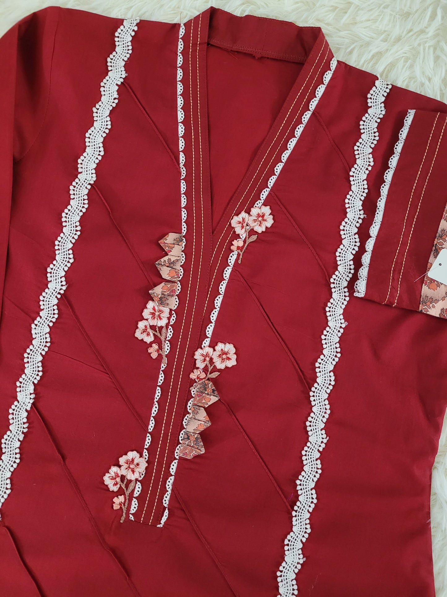 Ruby Reverie: Embroidered Cambric Suit with Ombre Dupatta