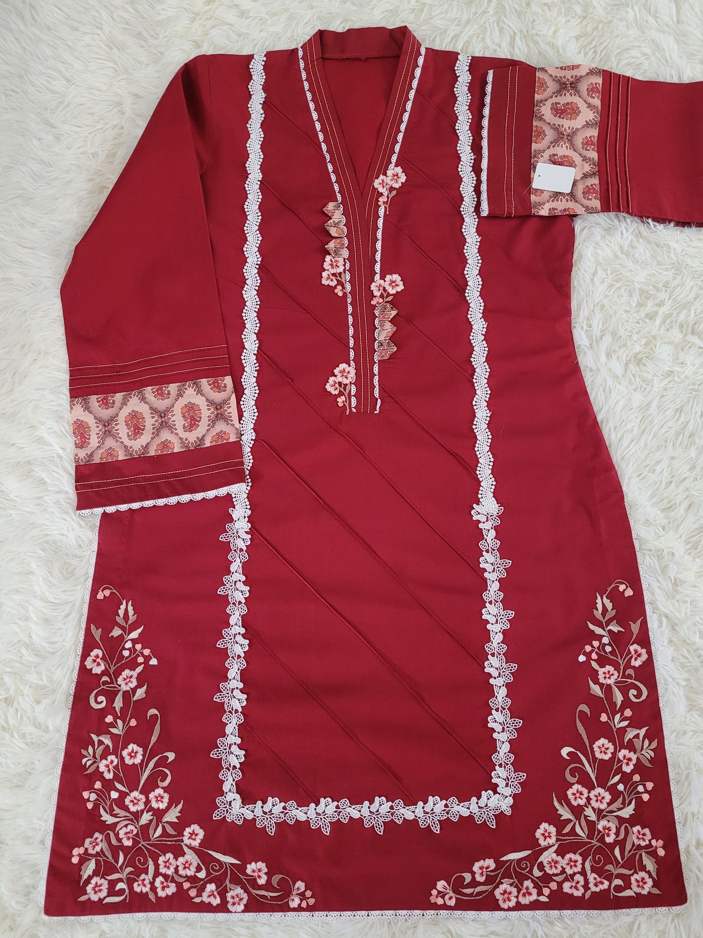 Ruby Reverie: Embroidered Cambric Suit with Ombre Dupatta