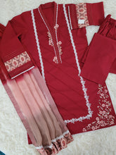 Ruby Reverie: Embroidered Cambric Suit with Ombre Dupatta