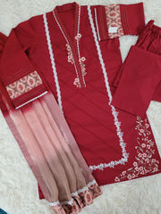 Ruby Reverie: Embroidered Cambric Suit with Ombre Dupatta