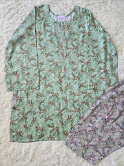 2 Piece Printed Marina Sea Green Floral Kurta with Coordinated Print Shalwar