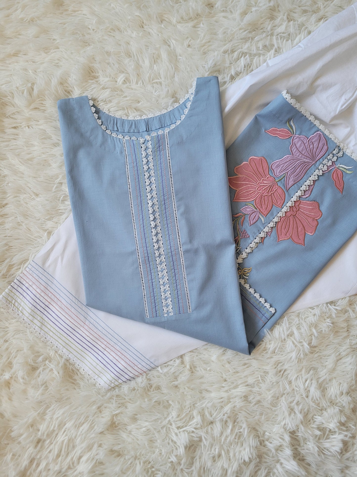 Light Blue & White: Embroidered Cotton Two-Piece Suit