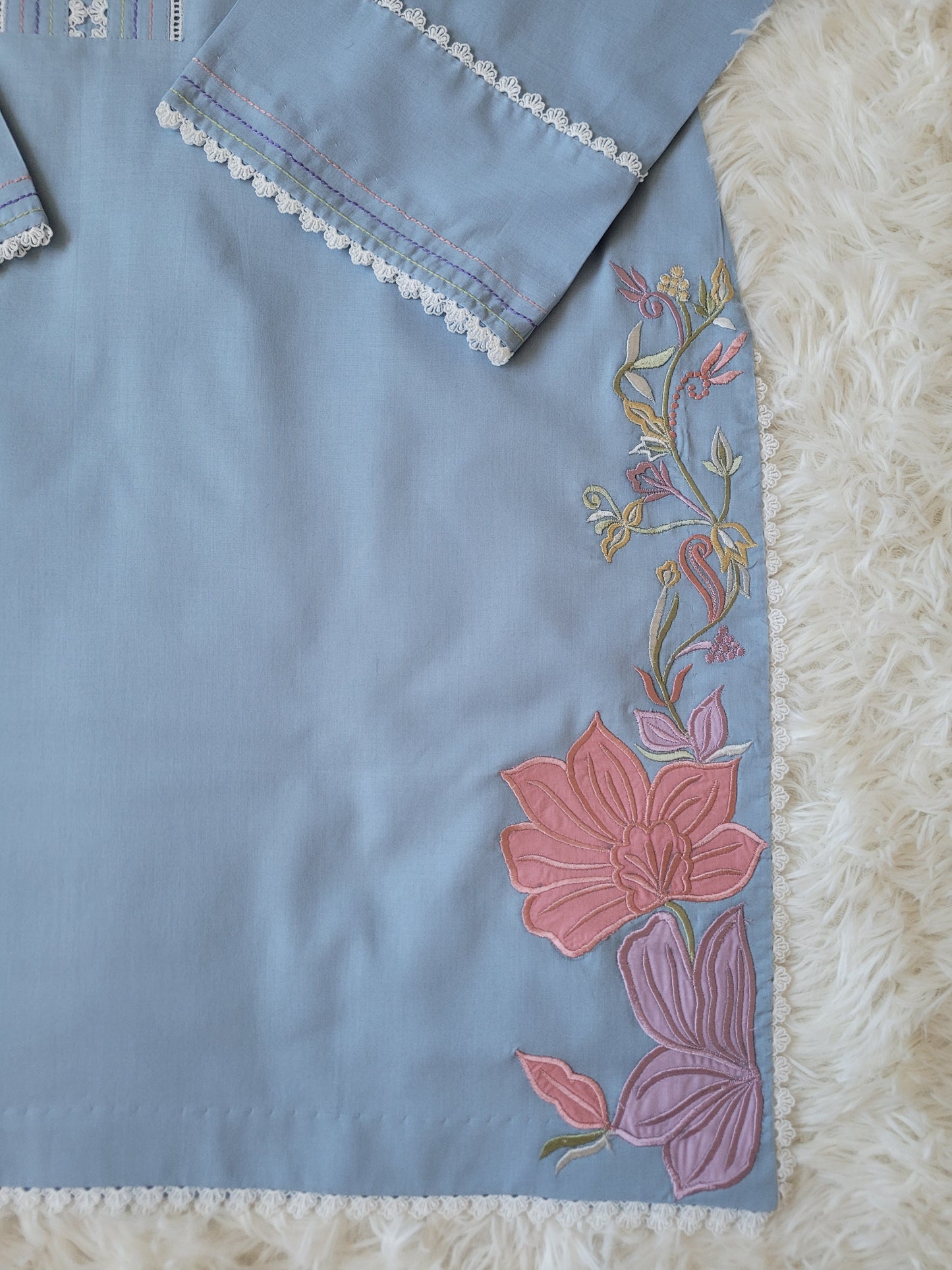 Light Blue & White: Embroidered Cotton Two-Piece Suit