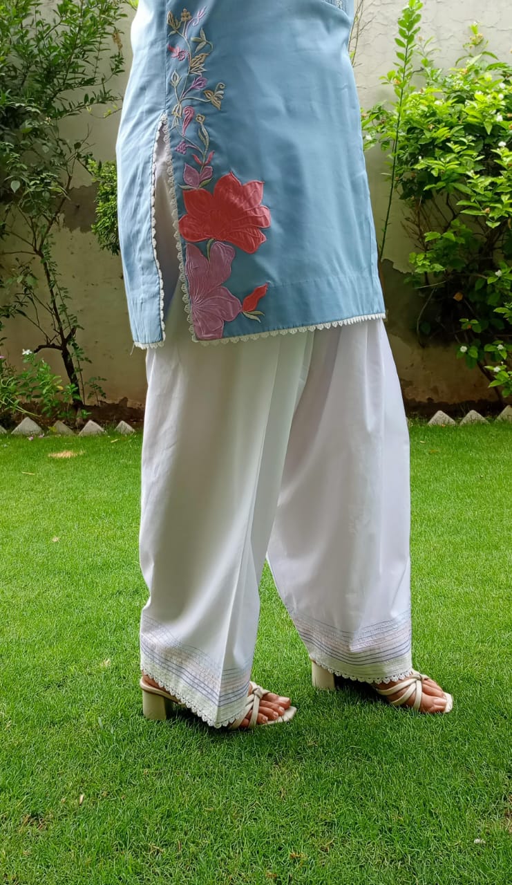 Light Blue & White: Embroidered Cotton Two-Piece Suit