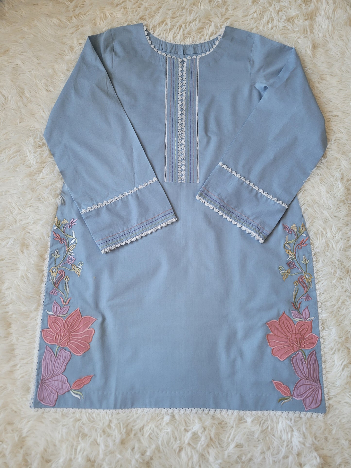 Light Blue & White: Embroidered Cotton Two-Piece Suit