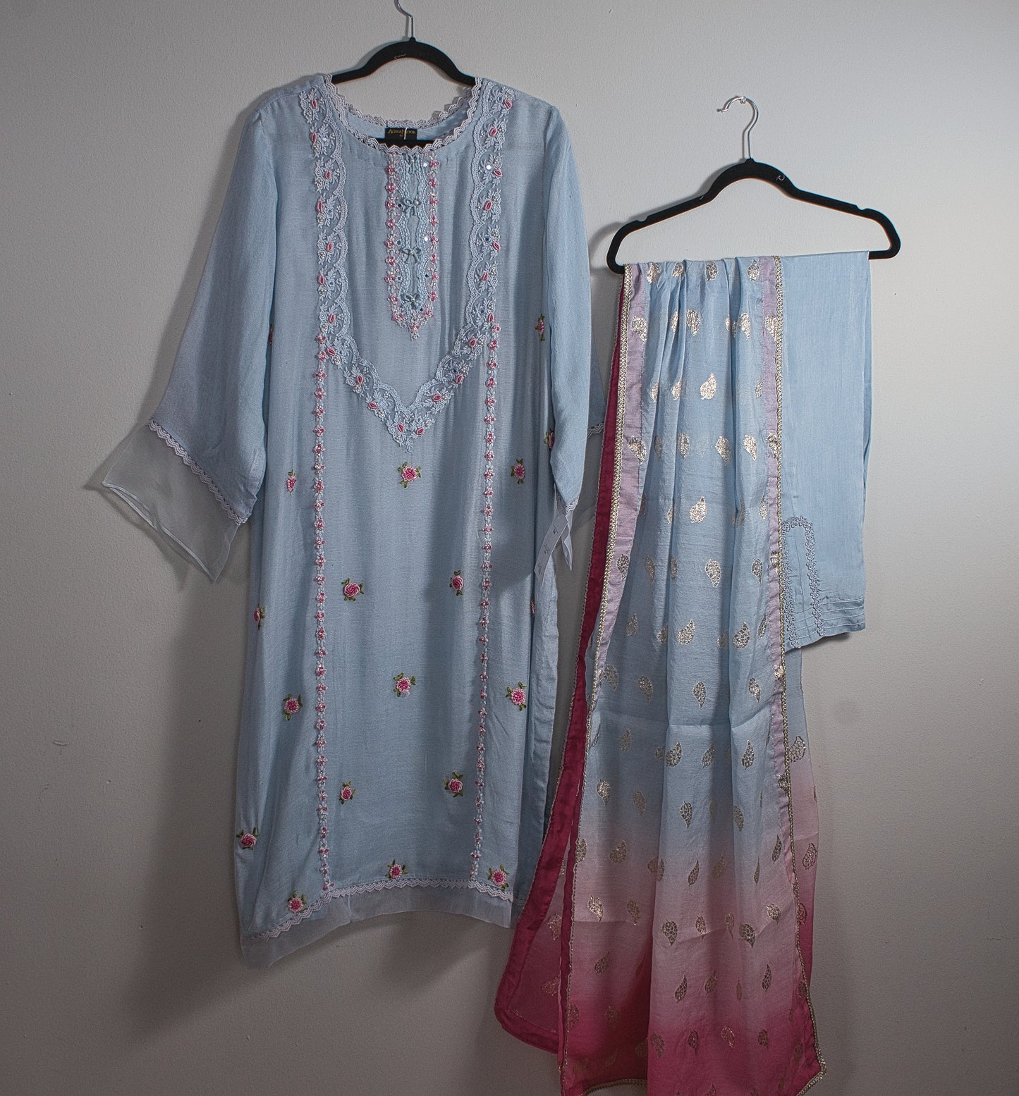 Sky Blue Cotton net Shirt with Rawsilk trouser and Cotton Jacquard Dupatta