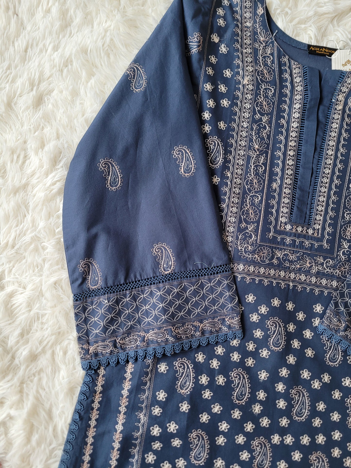 Agha Noor Teal Paisley Embroidered Lawn Shirt with Ethnic Motifs