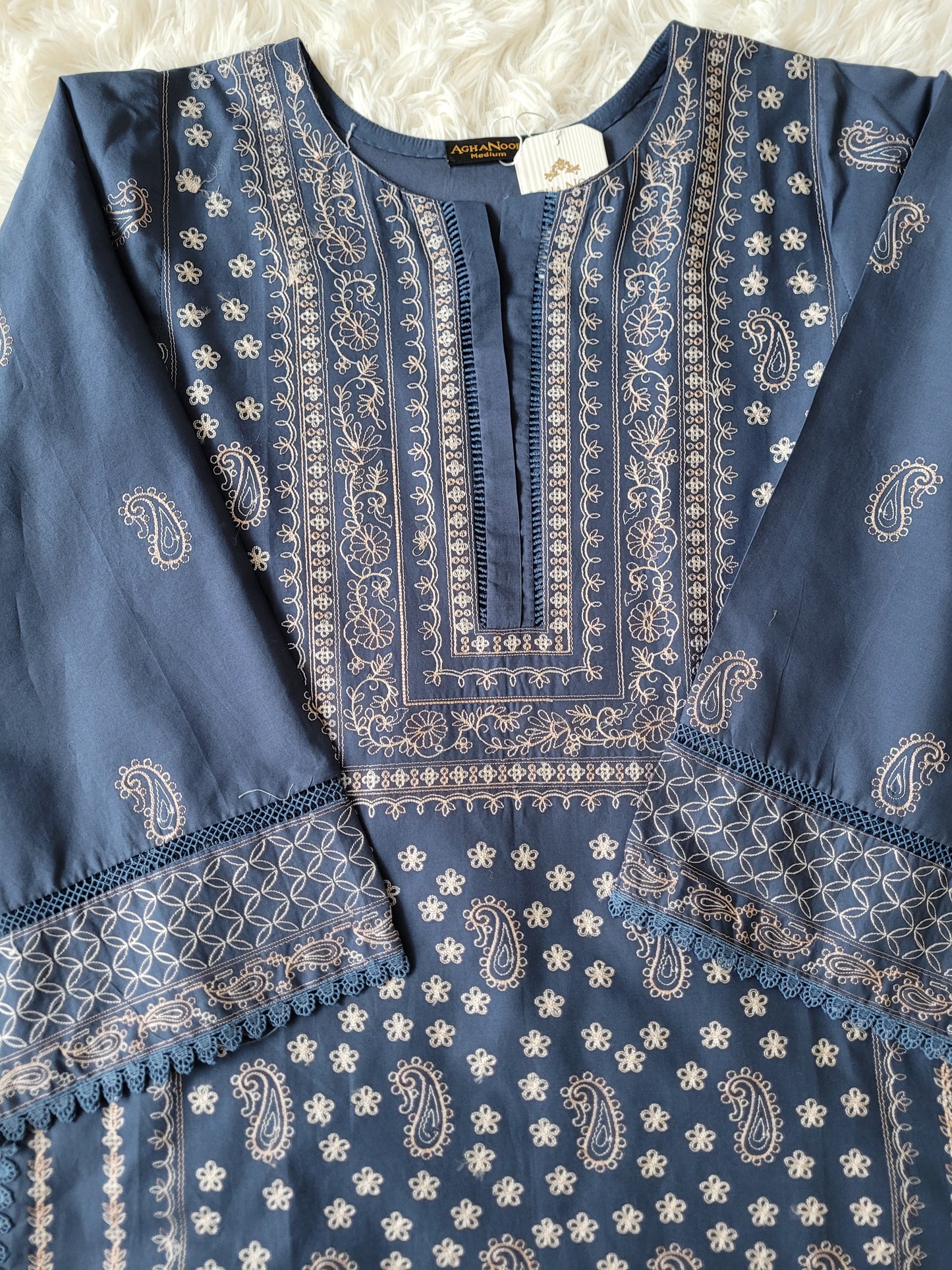 Agha Noor Teal Paisley Embroidered Lawn Shirt with Ethnic Motifs