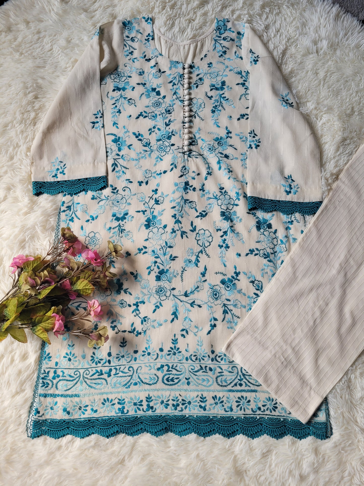 Ivory Bloom: Hand-Embroidered Suit with Teal Accents & Striped Dupatta