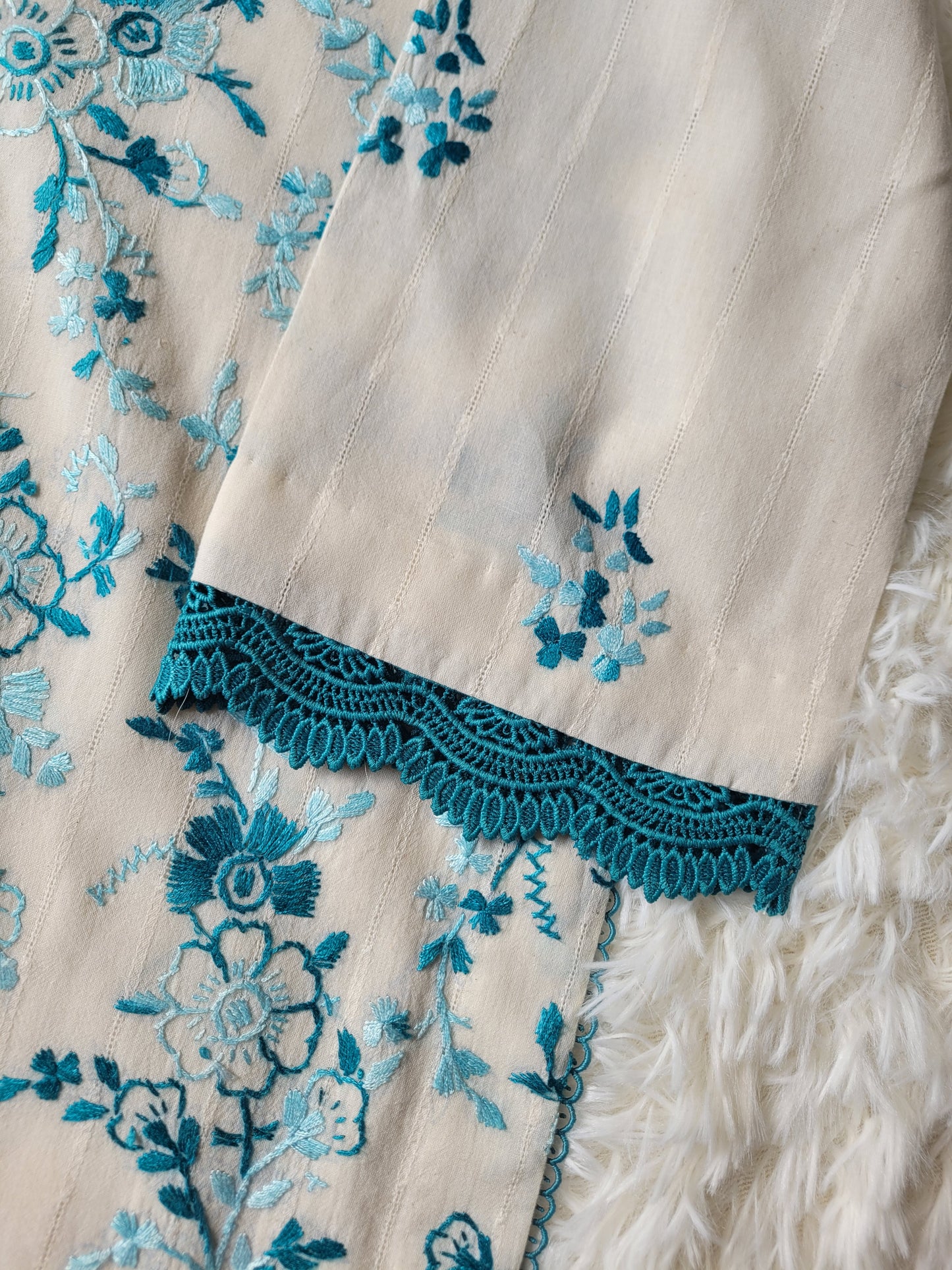 Ivory Bloom: Hand-Embroidered Suit with Teal Accents & Striped Dupatta