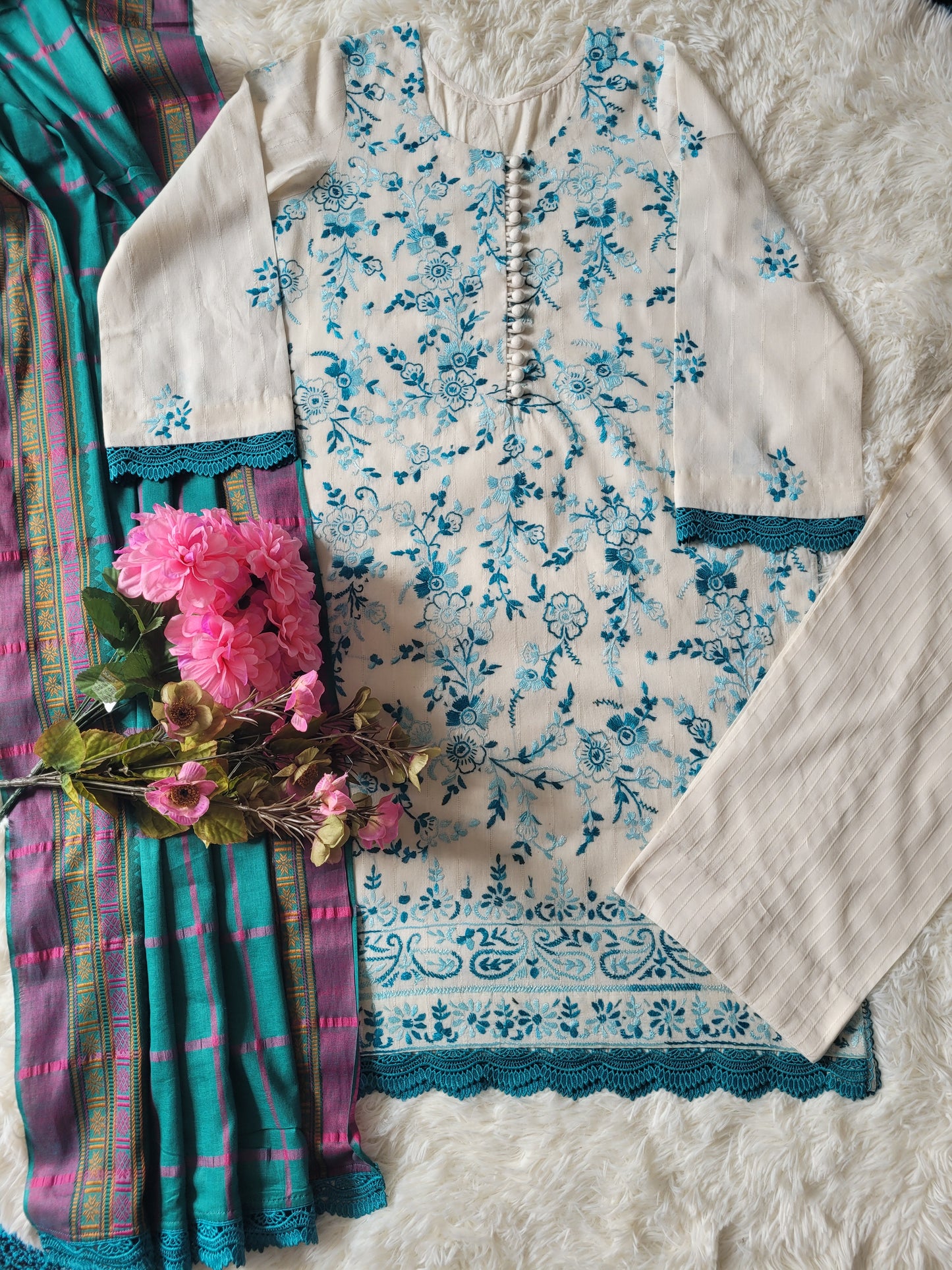 Ivory Bloom: Hand-Embroidered Suit with Teal Accents & Striped Dupatta