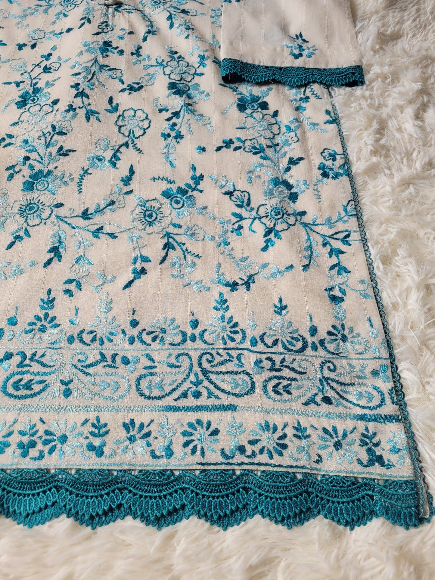 Ivory Bloom: Hand-Embroidered Suit with Teal Accents & Striped Dupatta